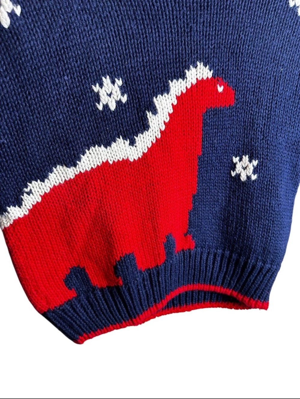 Vtg Kitestrings Toddler Christmas Dinosaur Knit Sweater Navy Red Snowflake 4T - Picture 2 of 4